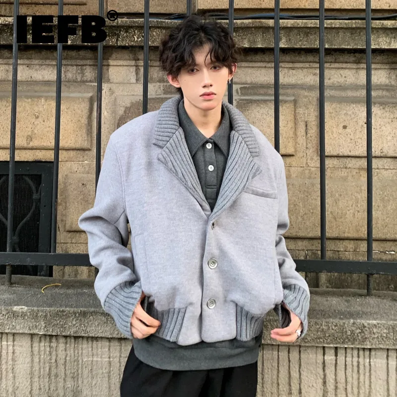 IEFB Korean Style Men\'s Jackets Knitting Lapel Chic Button Patchwork New Trendy Loose Male Single Breasted Coats Autumn 9C7573