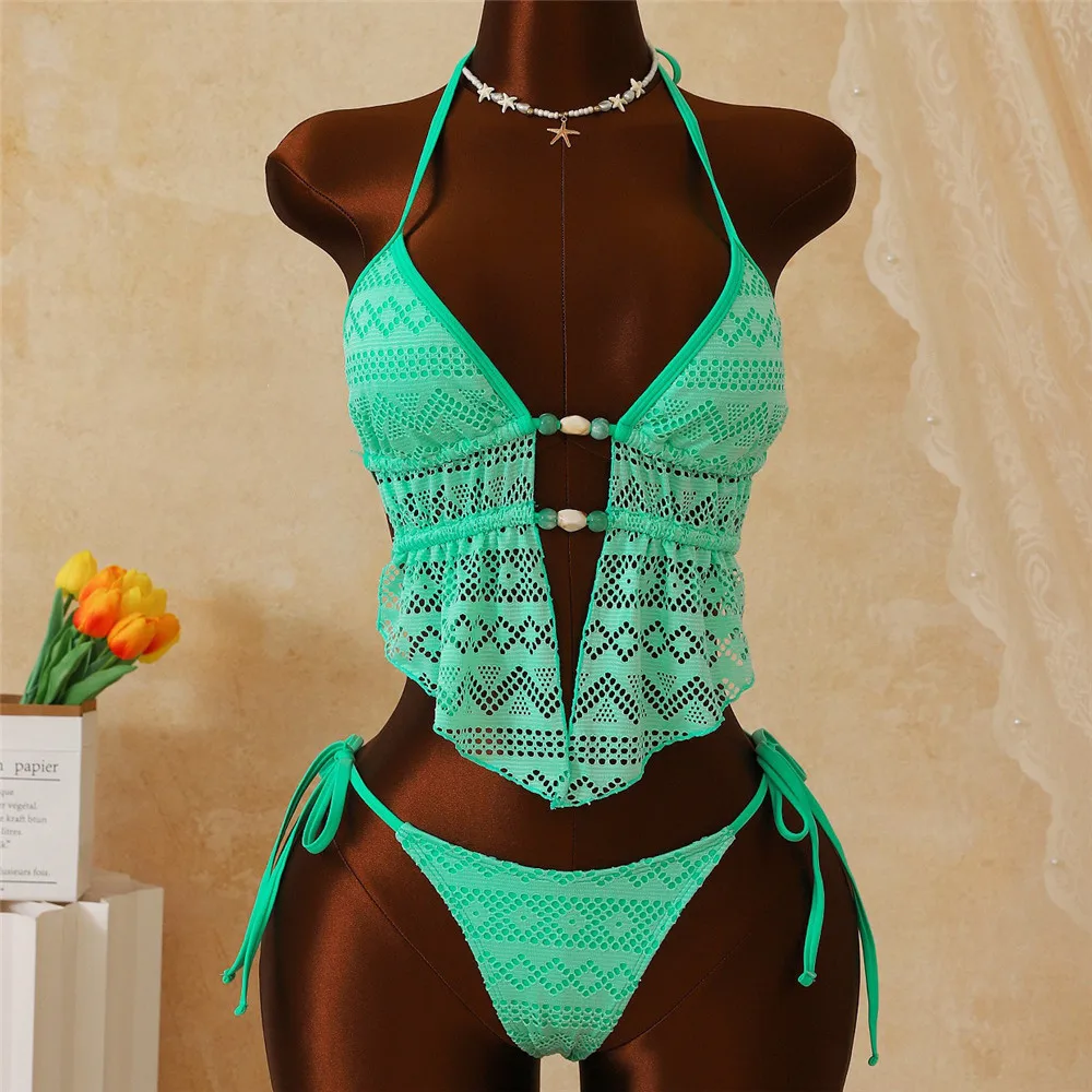 Light Green Mesh Solid Swimwears Bead String Halter Tops Bikinis Sets Micro Thong Sexy Swimsuit Women Bathing Suit Bikini Femmes