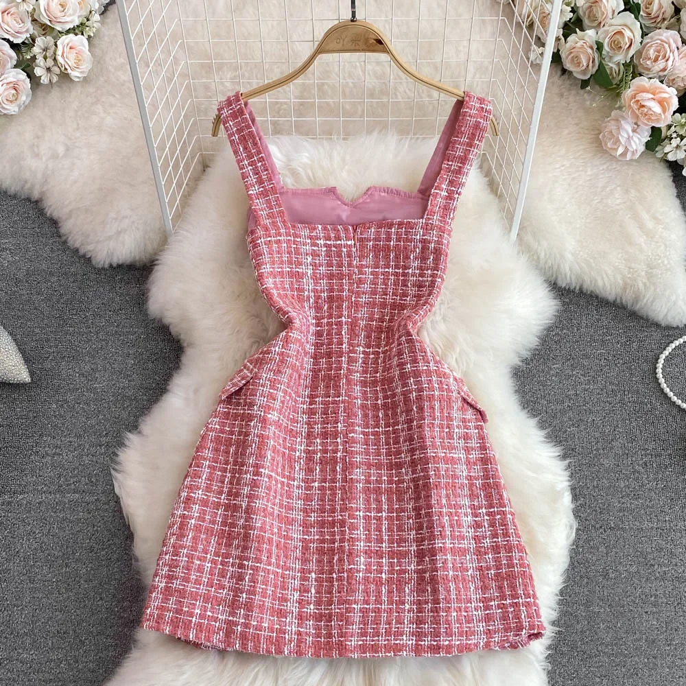 2024 Autumn Winter Korean Clothing Tweed Wool Mini Dress Sleeveless A- Line Woolen Dresses with Pearls Button Plus Size Elegant