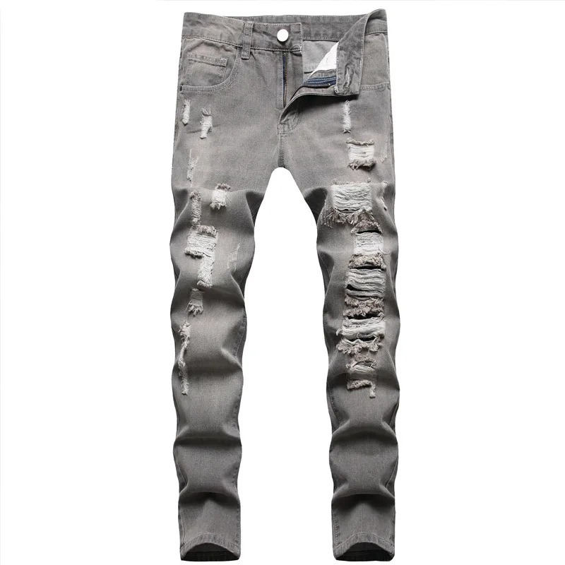 Men's Mid-Waist Slim Fit Casual Jeans Grey Washed Denim European Style with Hole Decoration Non-Elastic Long Trousers