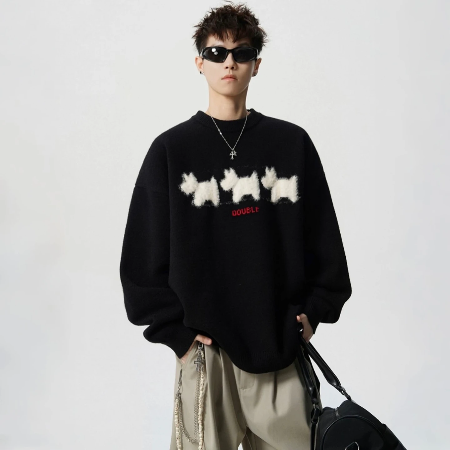 

Мужской свитер American Sle с круглым вырезом и начесом, свободного кроя, вязаный топ для пар, повседневная одежда для молодежи на все сезоны