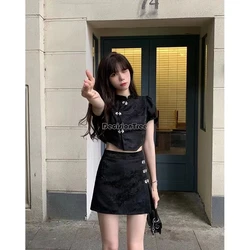 2024 vintage chinese style jacquard sexy two-piece set stand collar button off waist irregular top qipao button decorated skirt