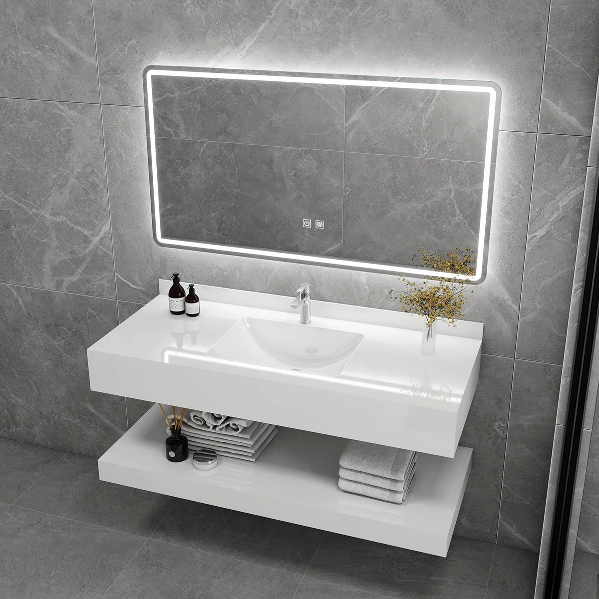 Double-layer Upper And Lower Smart Rock Slab Bathroom Cabinet Combination Integrated Ceramic Basin Cabinet Hand Wash Face Toilet
