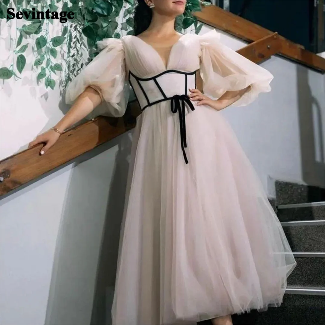 

Sevintage Half Puffy Sleeves Midi Prom Dresses A Line V-Neck Tulle Black Belt Girl Homecoming Gowns Formal Wedding Party Dress
