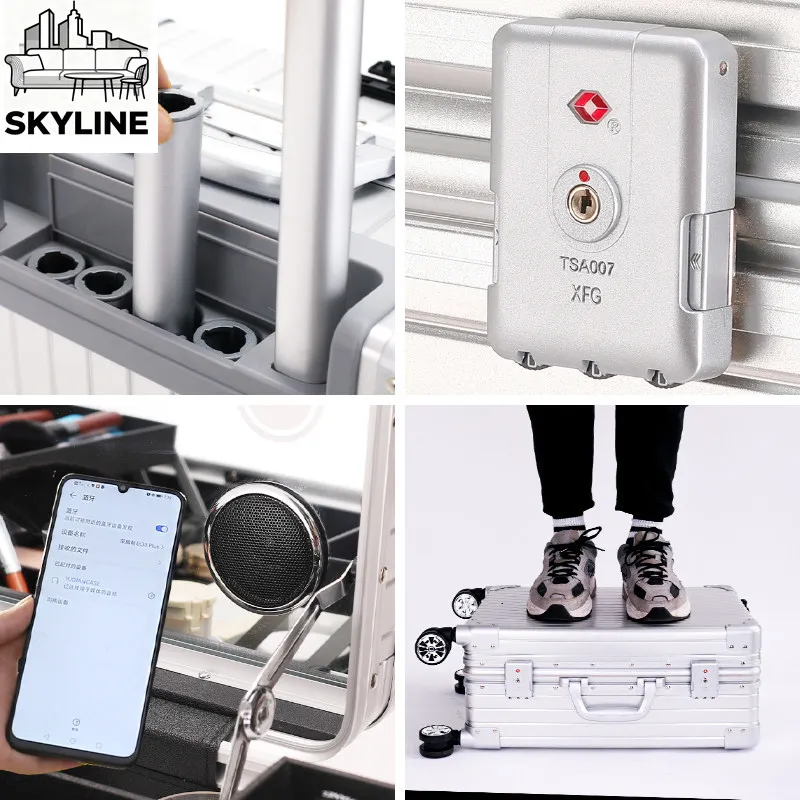 Aluminum Magnesium Alloy Rolling Makeup Case Built-in Lamp Bluetooth Beauty Tool Box For Professional Makeup Artist