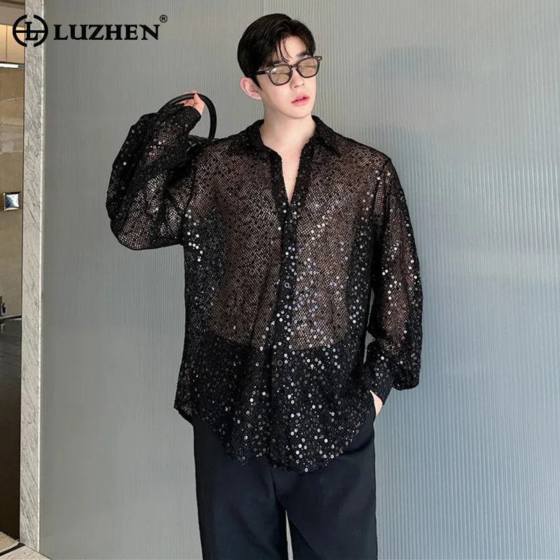 LUZHEN Hollow Translucent Sequin Design Shirts Personalized Trendy Thin Breathable Blouses Men High Street Original Tops LZ4830