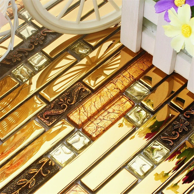 11PCS Luxury Golden Glass Resin Gold Foil Glass Mosaic Tile, kitchen bathroom shower showroom home decor wall sticker