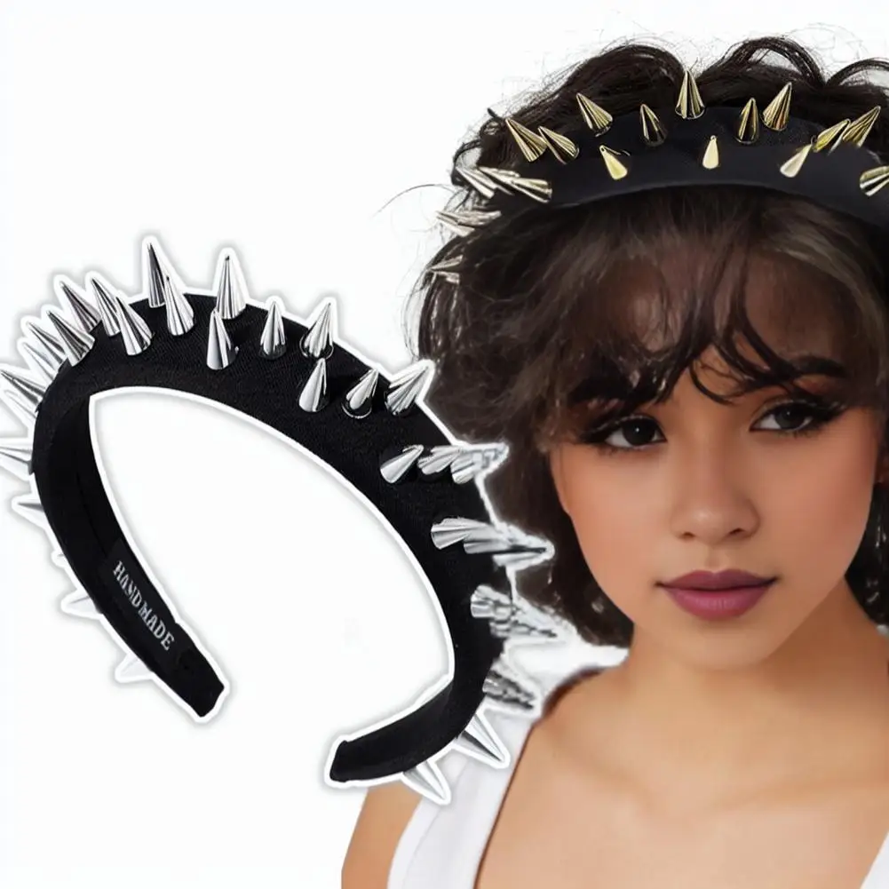 Exaggerated Headband Punk Style Rivet Decor Wide Band Headband for Women Exaggerated Hair Accessory with Elastic Anti-slip