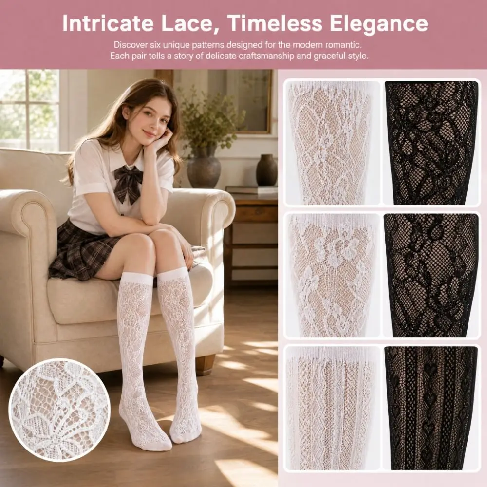 Cute Floral Printed Lace Knee High Socks Hollow Thin Lolita Socks Sweet Breathable Mesh Stockings Pair with Skirts