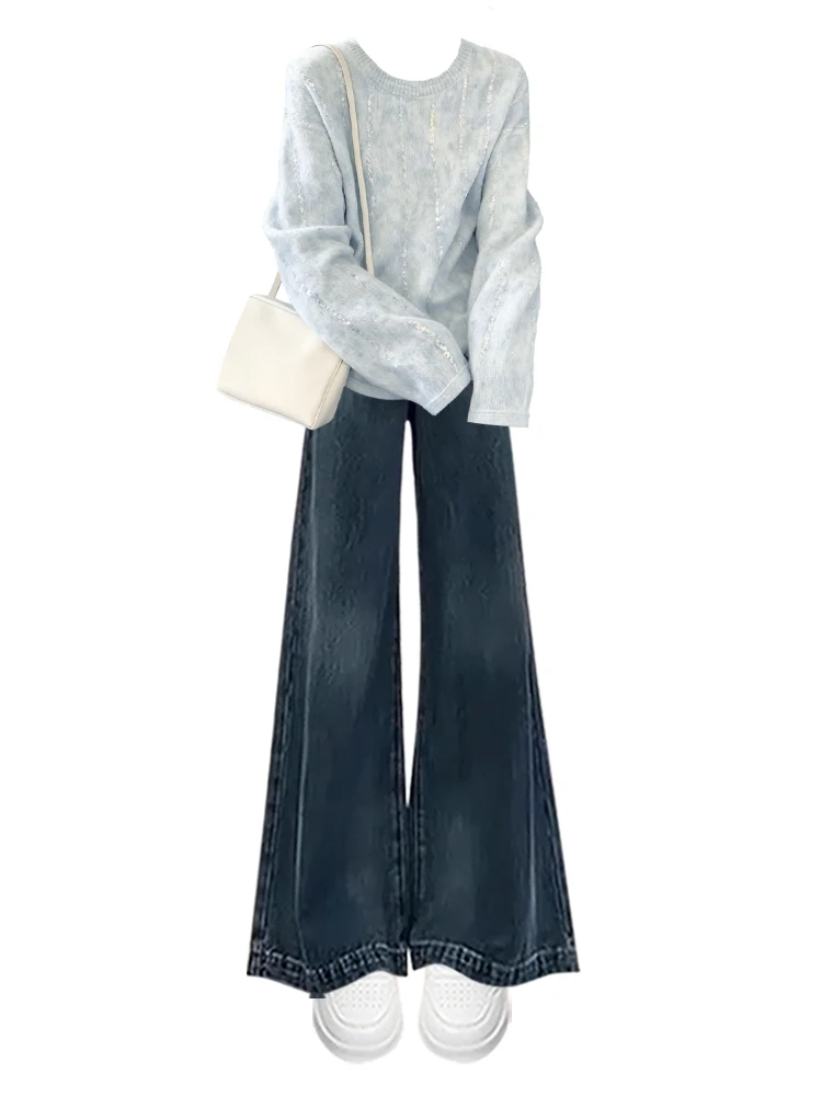 Winter Women's Soft Sle Knitted Sweater And Jeans Boting irt Two-Piece Set High Waist Slimming Korean Faion