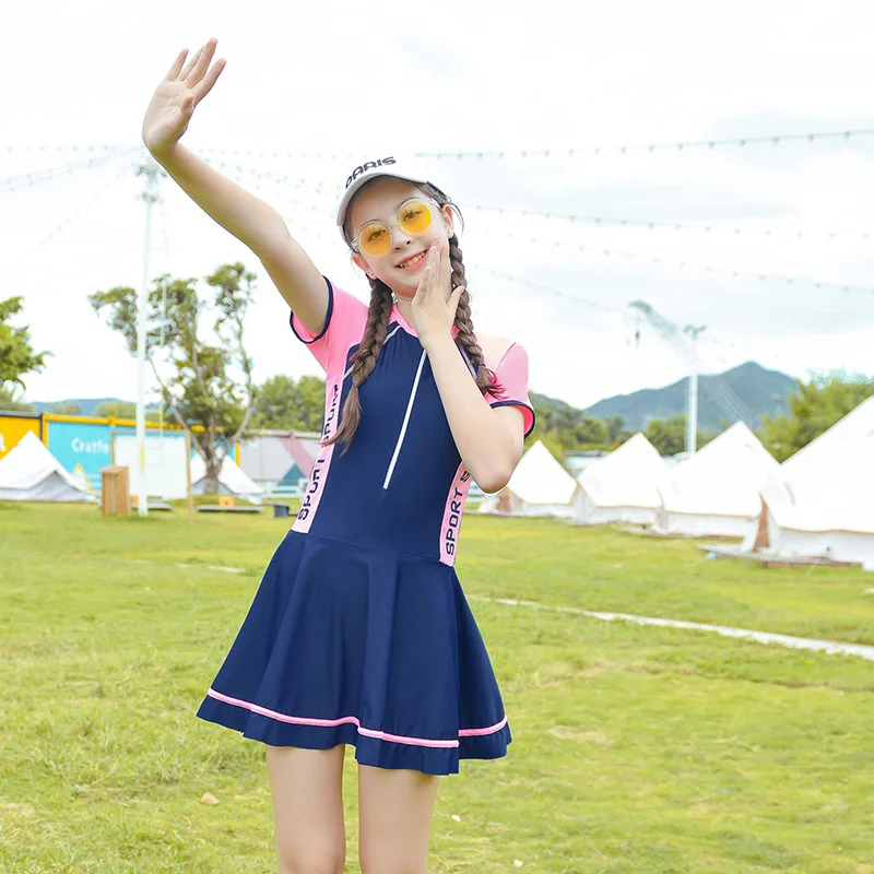 Nuevo traje de baño para niñas, traje de baño de manga corta para niños, traje de baño deportivo de una pieza, ropa de playa de secado rápido para chicas grandes y medianas