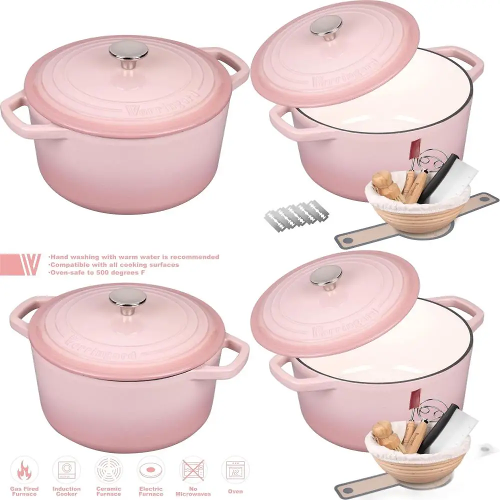 

Кулинарная духовка из розовой эмалированного чугуна на 6 литров с крышкой для выпечки хлеба, включая стартовый набор для приготовления на закваске