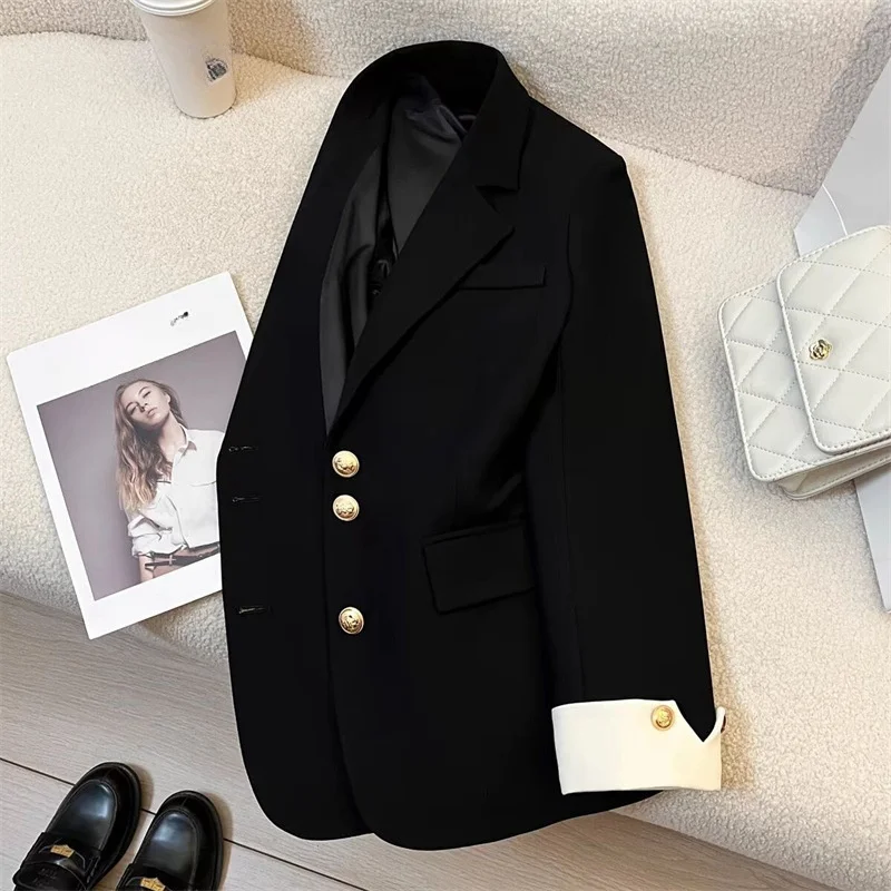 Blazer Block Color Suit Metal Jacket Hepburn Style Coat Women Clothing Autumn Elegant Casual All-match French 2024 Lady Trend