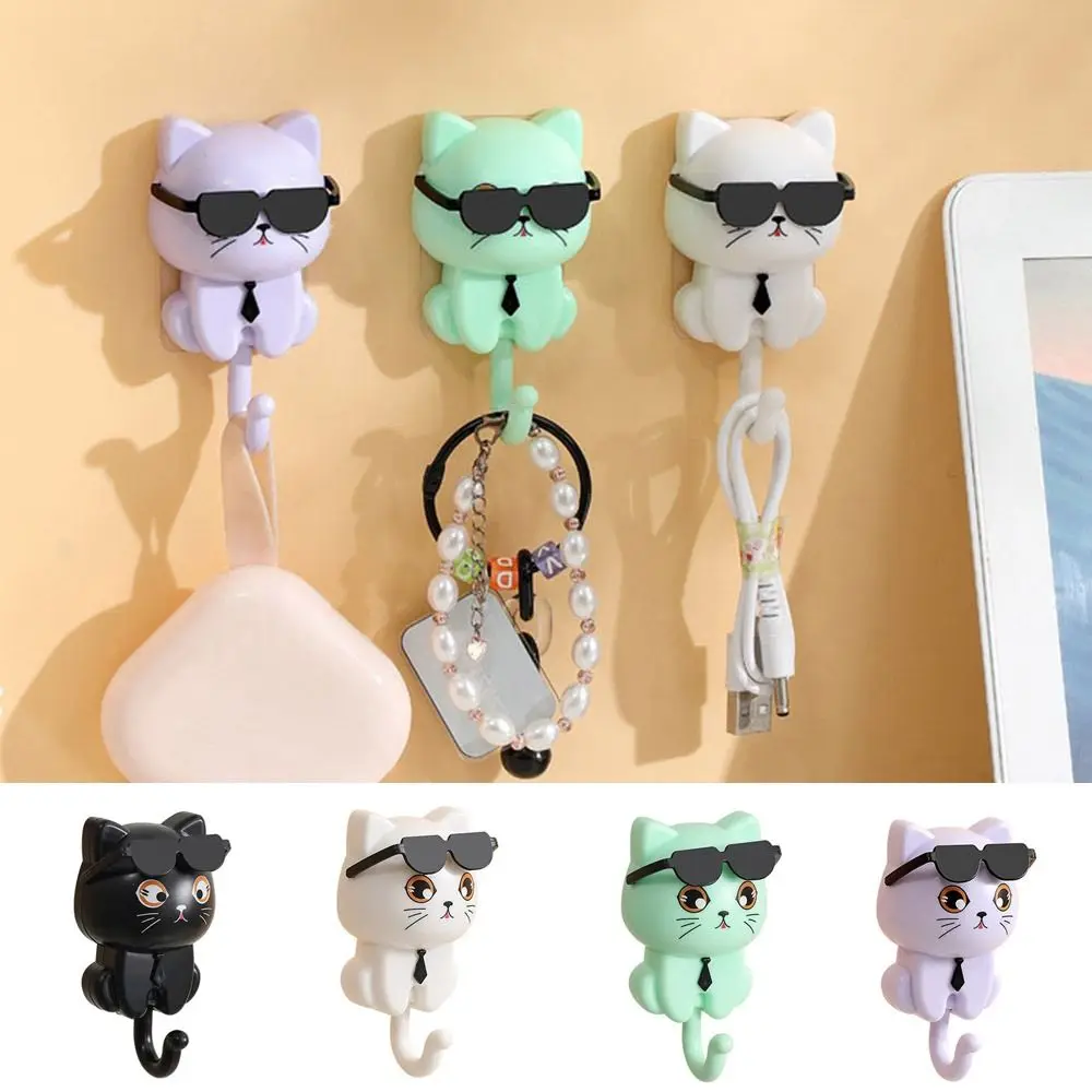 Cute Plastic Cartoon Cat Hooks Wall Hanging Waterproof Key Hangers Decorative Sticky Hooks for Home