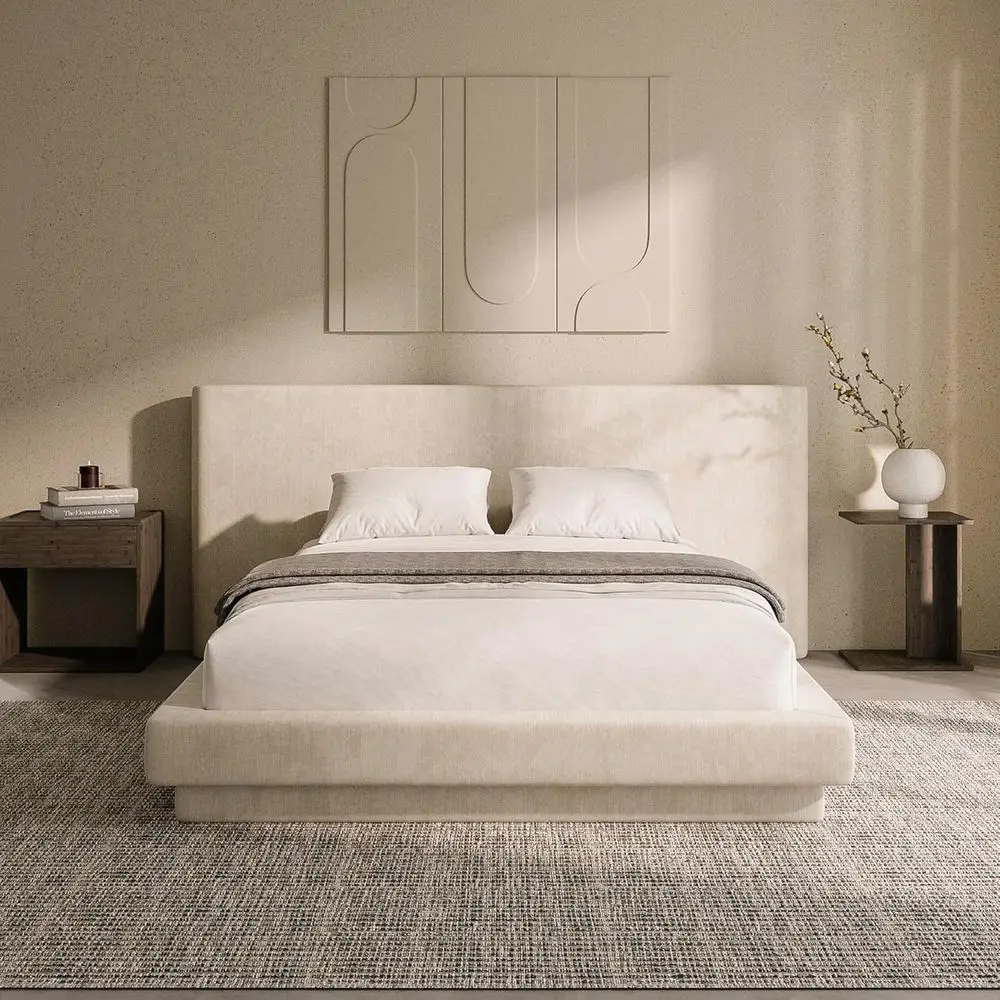 Cama Tapizada Extra Ancha con Plataforma Acolchada de Espuma de 5 Pulgadas, Fácil de Montar, No Requiere Base de Muelles (Beige)