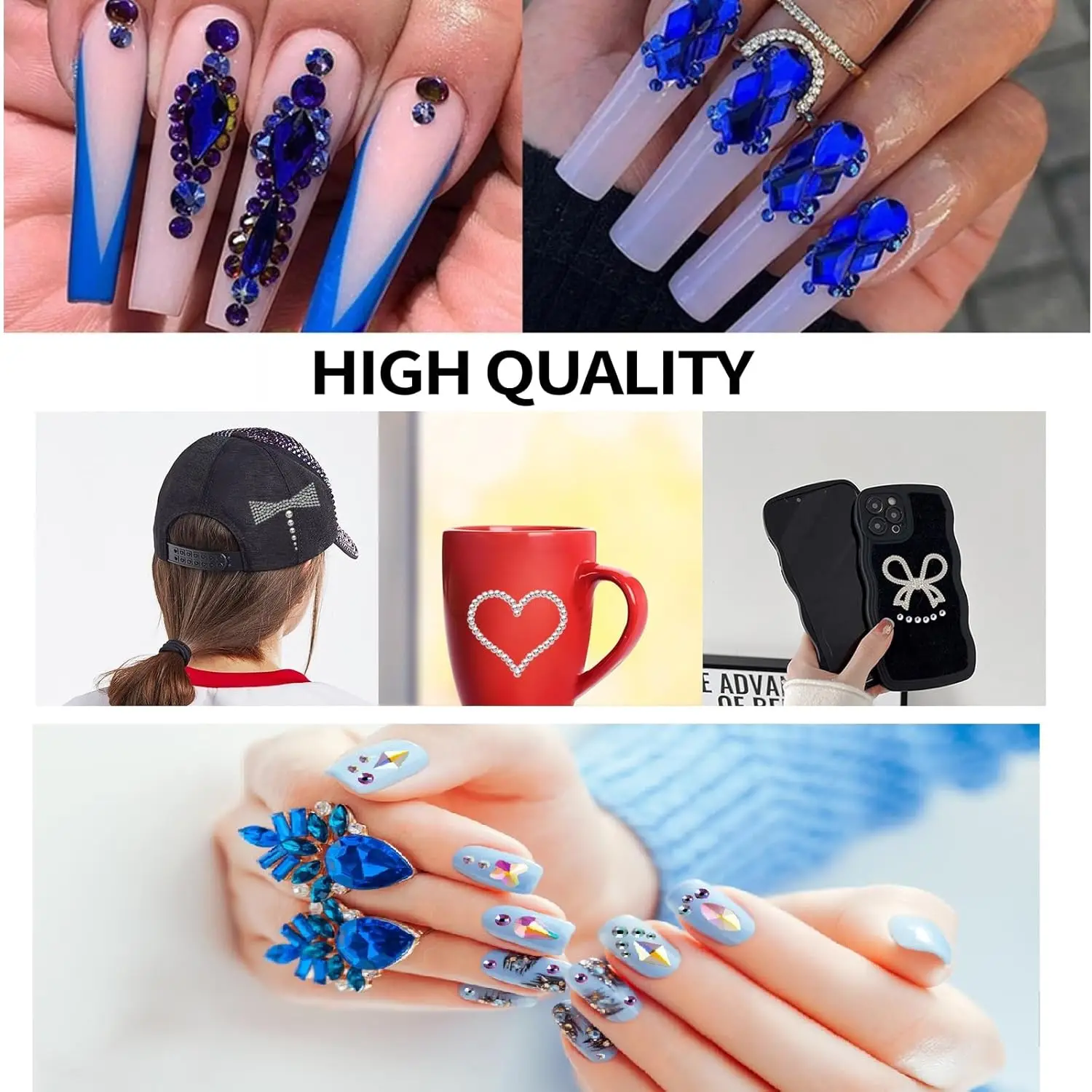 12 grades de strass azul real para decoração de unhas, fundo plano, formato especial, acessórios para unhas com pinça, caneta de broca
