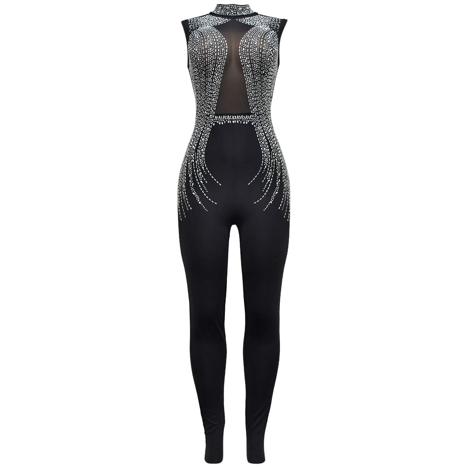 

Womens Figure Skating Performance Jumpsuit Mock Neck Sleeveless Sheer Mesh Gymnastic Dance Bodysuit Rompers Lyrical Dancewear