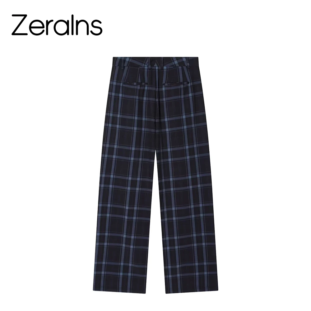 ZERAINS 26 summer new women's casual style pocket trimmed straight leg version long mid waist checkered wide leg pants