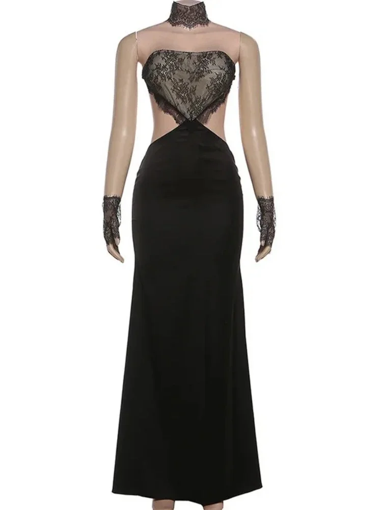 Chaxiaoa الدانتيل حمالة فستان ماكسي مثير المرأة ثوب أنيق أسود خارج الكتف أكمام عارية الذراعين Bodycon نادي فستان طويل للحفلات