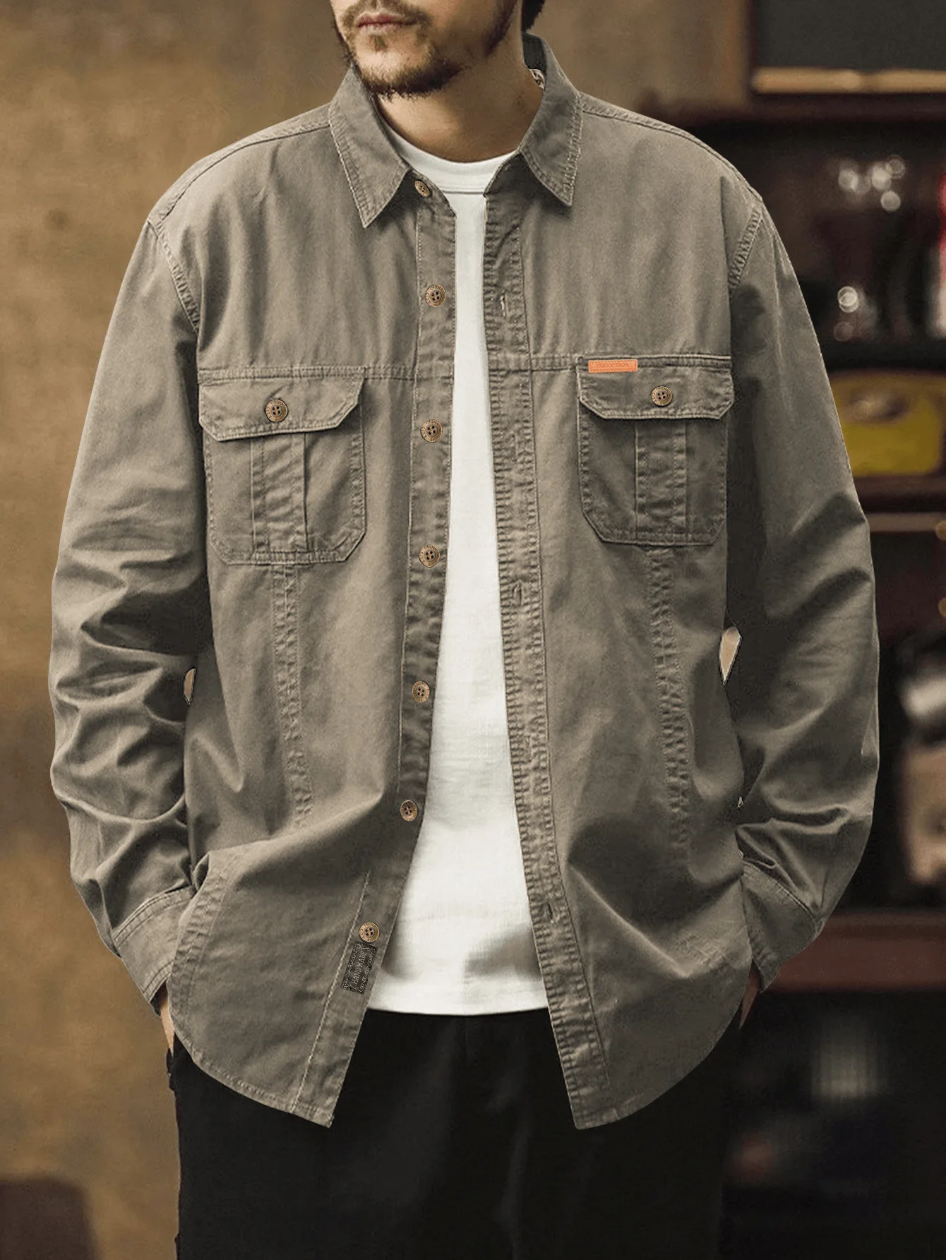 

Men's Workwear Long Sleeve Shirt American Style Spring Autumn Multi-Pocket Casual Thin Outdoor Turn-Down Collar Shirt Jacket