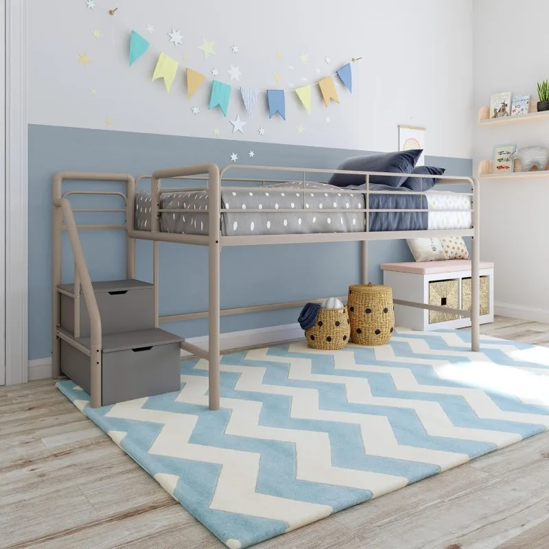 Twin Metal Loft Bed with Storage Steps, Multifunctional Space-Saving Solution - Silver with Gray Steps