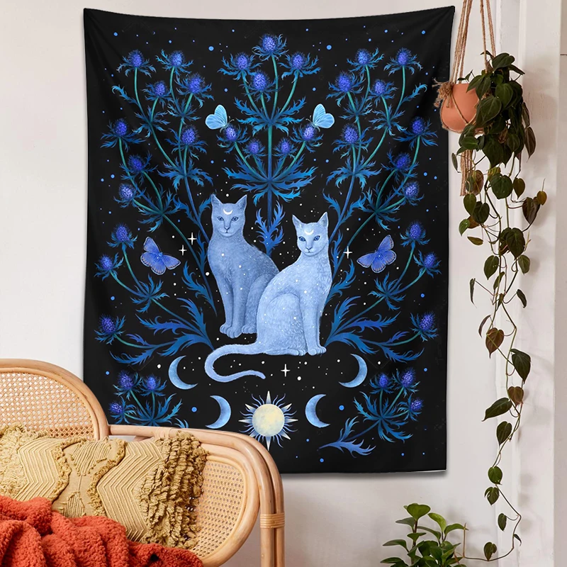 Blue Thistle Cat Tapestry Wall Hanging Psychedelic Moon Sun Moth Cat Leaf Flower Divination Occult Home Wall Black Cool Decor