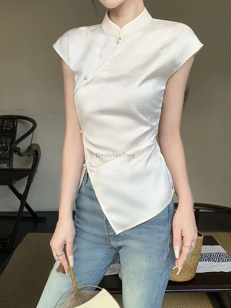 

2024 new chinese style stand collar sleeveless irregular hem design t-shirt women's summer slim-fit fashion daily cheongsam top