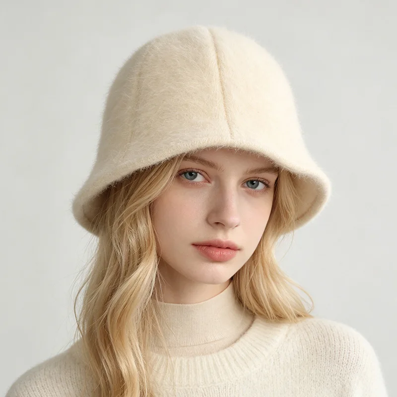 Bucket Hat Winter Women Angora Knit Fluffy Warm Fleece Lining Wide Brim Sun Protection Cap Accessory For Autumn Climb Outdoor