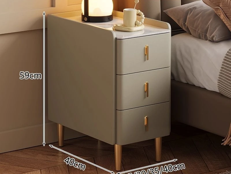 Nightstand with 3 Drawers, Small Bedside Table with Solid Wood Legs and Smart Stone Top,  End Table Station for Small Bedroom