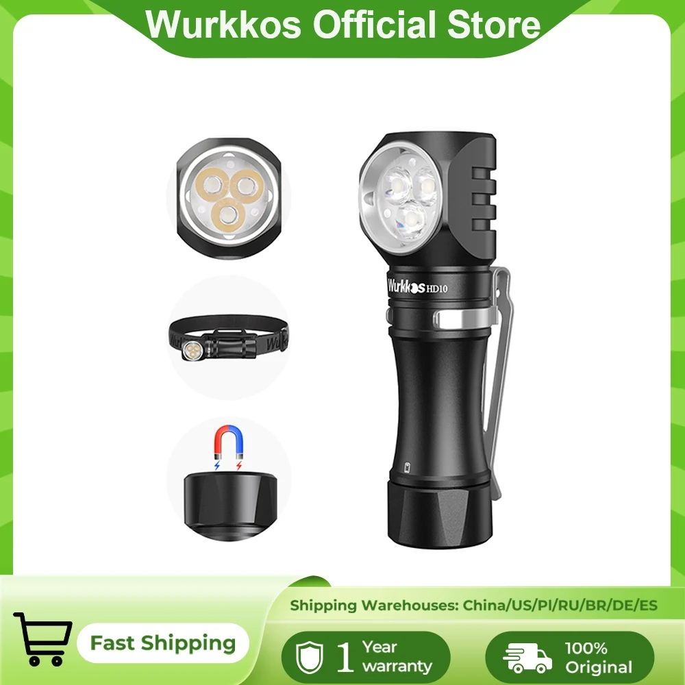 Wurkkos HD10 Headlamp Rechargeable 14500 IP68 Mini EDC 1200Lm 3* 90 CRI LEDs + 3* RGB Aux LEDs Anduril 2.0 Fishing Camping Torch