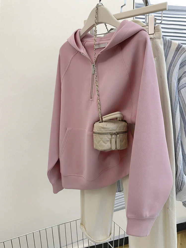 Women Hoodie Harajuku Loose Oversized Solid Color Tops Half Zip Up Sweatshirt Autumn New Casual Long Sleeve Pocket Hooded Coats