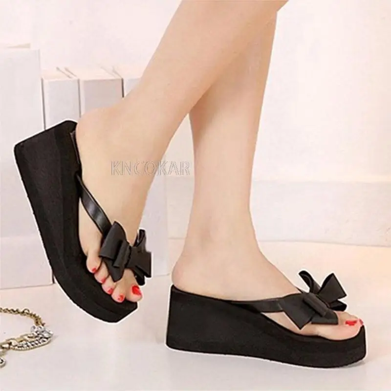 New Arrival Women Fashion Platform Mid Heel Slippers Beach Sandals Bowknot Flip Flops Shoes