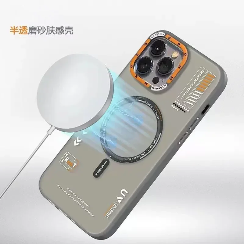 iPhone 16/15/14/13 Pro Max用マット磁気スマホケース、MagSafeワイヤレス充電対応、フロスト加工背面、メタルレンズフレーム、ボタンカバー