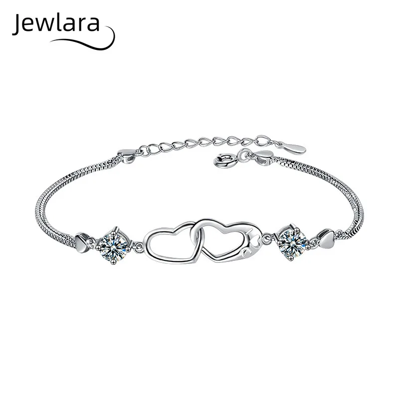 Jewlara Mozzarella S925 Silver Heart-shaped Double-ring Bracelet for Girls' High-end Simple Jewelry