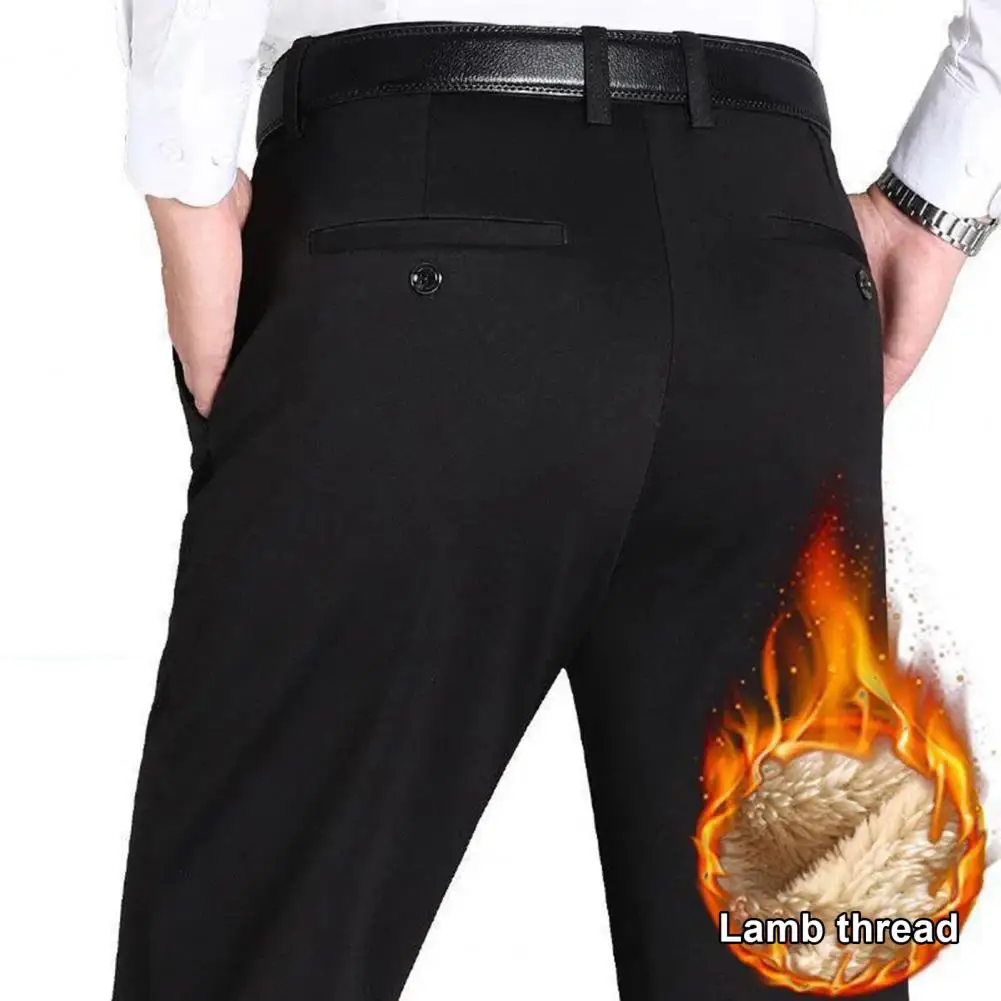 

Men Office Pants Men Straight Pants High Waist Slim Fit Men's Suit Pants with Deep Crotch Plush Warm Pockets Formal for Father's