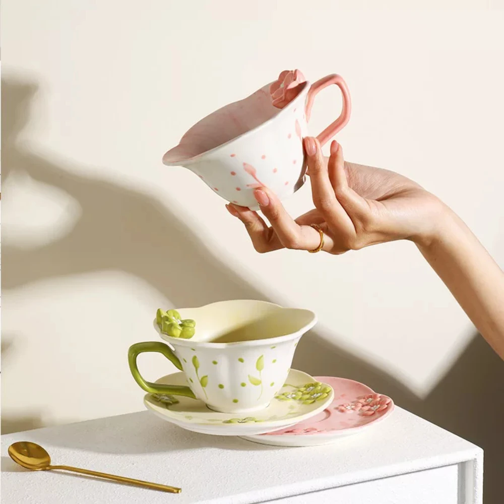 3D Floral Embossed Ceramic Cup&Saucer Set Handmade Flower Decor Porcelain Wave Rim Coffee Tea Mug For Home Decor