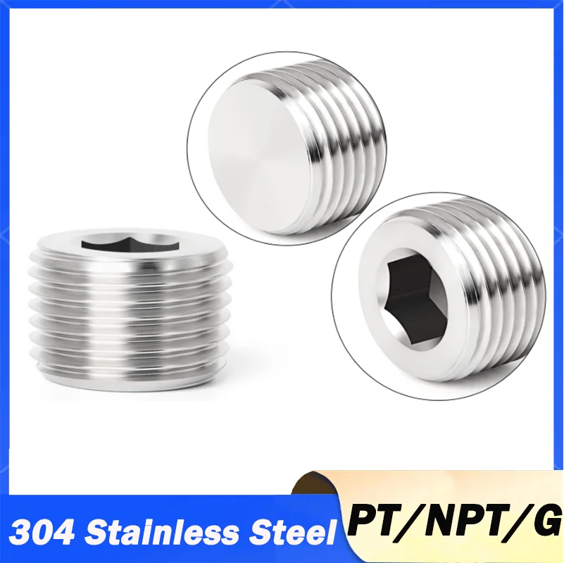 3Pcs 304 Stainless Steel Thread Socket Hex Head Pipe Plugs Fitting PT/NPT/G 1/16 1/8 1/4 3/8 1/2 3/4 1 1-1/4 1-1/2 2 US Inch