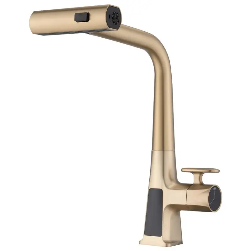 

Brushed Gold Kitchen Faucet with Temp Display, Single Handle Pull Down Sprayer, Modern Sink Faucet, 3 Water Outlet Modes