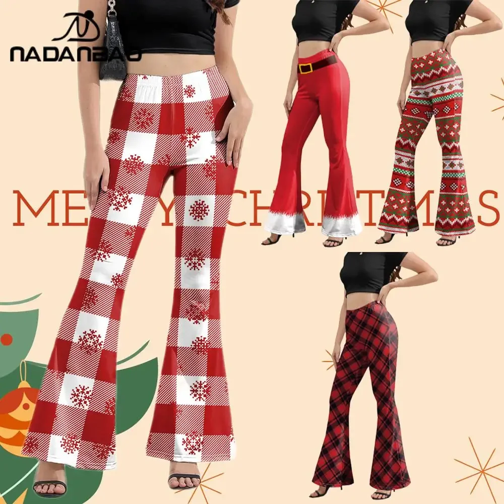 

Nadanbao High Waist Bell bottoms Christmas Snowflake Belt Print Flare Leggings Pants Women Sexy Bodycon Trousers Club Pants Slim