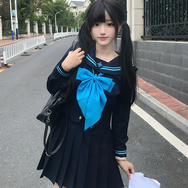 Summer New Japanese College JK Sailor Uniform Navy Blue Sweet Bow Short Sleeve Top Cute A-line High Waist Age-reducing Skirt