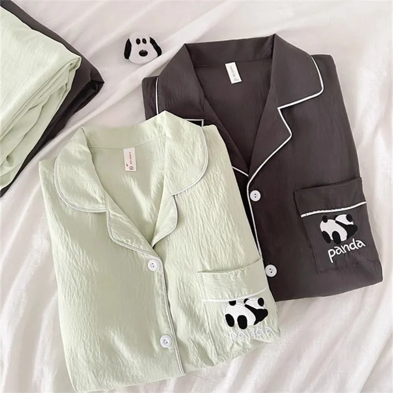 Cloud Cotton Couples Pajamas Men's Home Clothes Set Panda Cartoon Embroidery Long Sleeve Long Pants Sleepwear for All Seasons