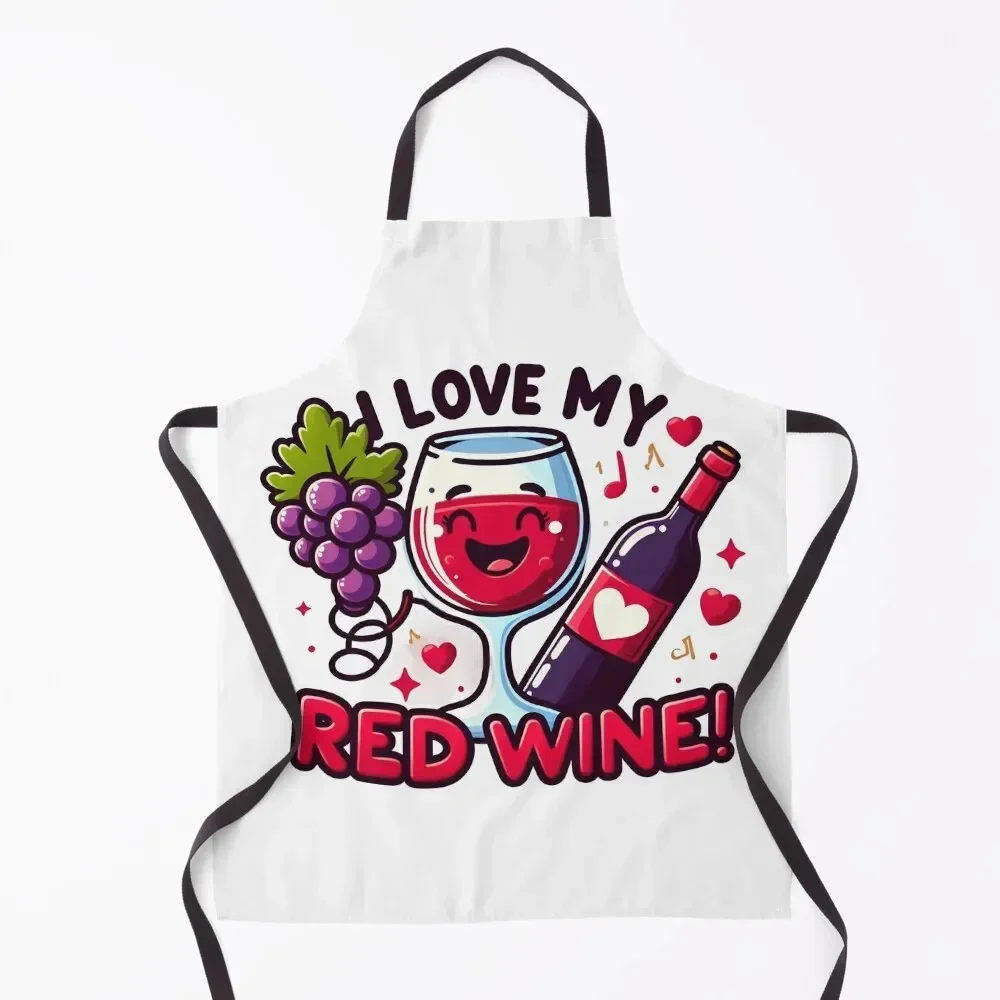 

I Love My Red Wine Fun Cartoon Design for Wine Lovers Apron men christmas 2025 Kitchen Things Waiter Uniforms Apron