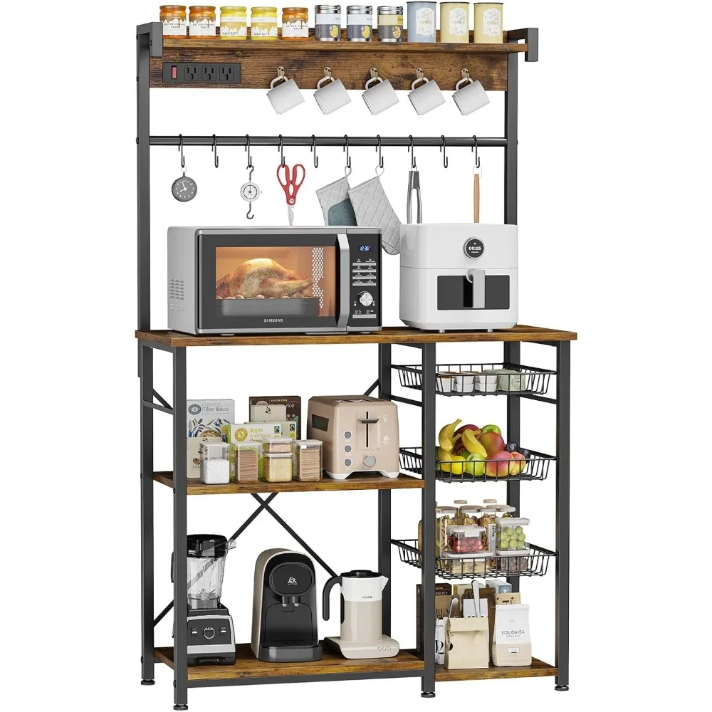 

Large Bakers Rack with Power Outlets, 15 Hooks Coffee Bar with 3 Wire Basket, Microwave Stand Kitchen Storage Shelf for Spices