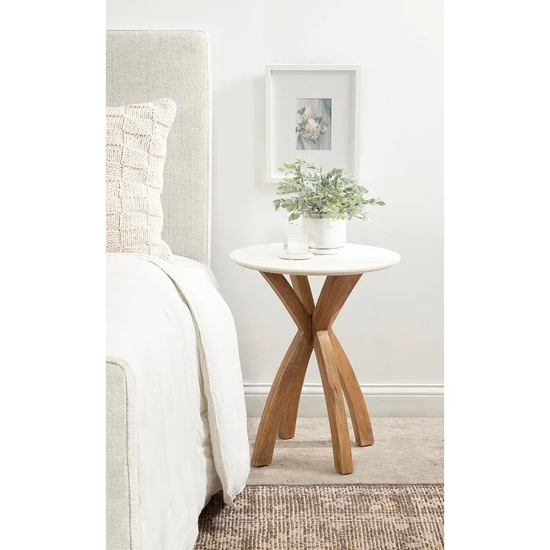 Soleyn Mid-Century Wood and Authentic Marble Side Table, 20 x 20 x 24, White Marble and Natural Wood, Round Marble Decorative