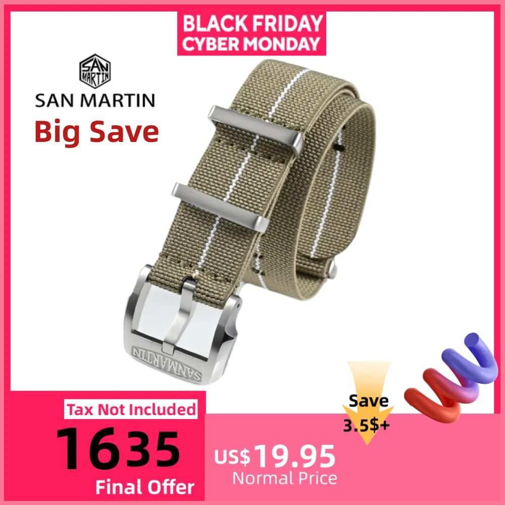 

Нейлоновый ремешок для часов San Martin, качественный ремешок для часов 20 мм, эластичный самодельный логотип, пряжка, однотонные петли, прочный, впитывающий пот BD0004