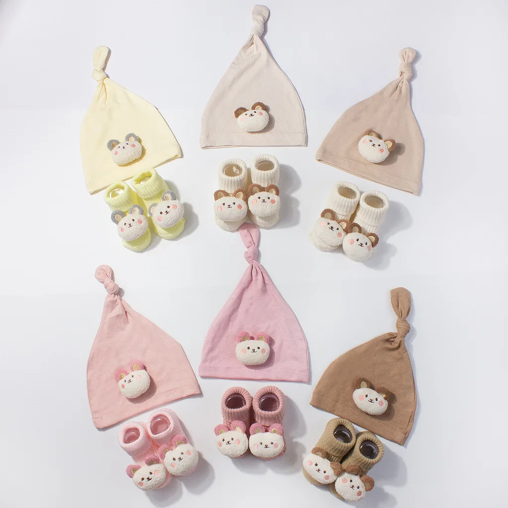 

New Baby Chu Chu Hat and Sock Set, Modal Little Bear Hat, Children's Combination, Soft Baby Two-Piece Set