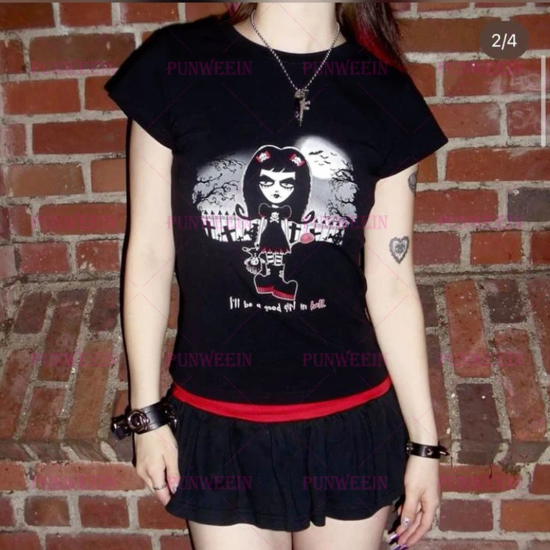 2000s Y2k Gothic Streetwear Graphic Print Casual Women's Grunge T-Shirt Punk Slim Baby Tees Y2k Clothes Emo girls Crop Tops Tops