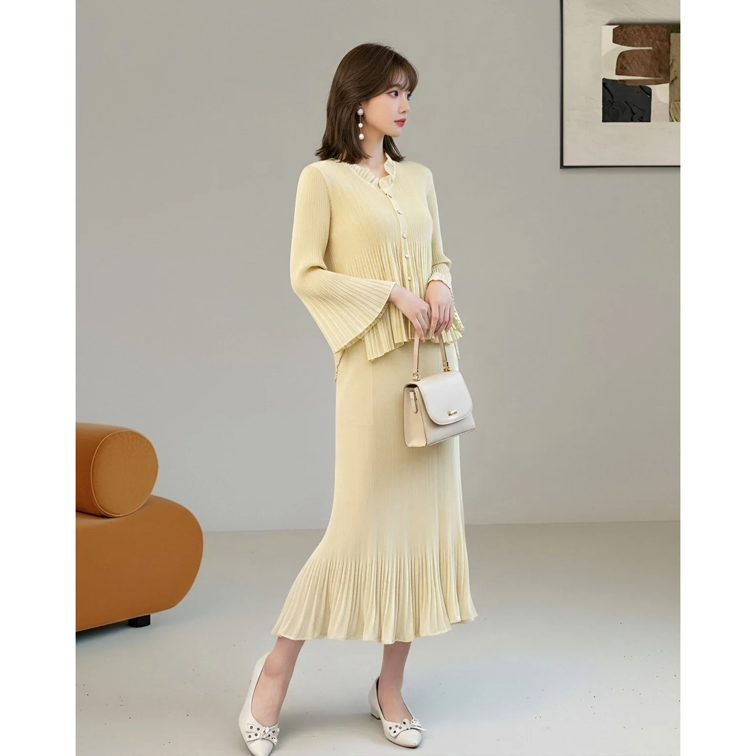 Miyake Women Pleated Two Piece Set, Ruffle Collar Flare Sleeve Top & Mermaid Long Skirt, Elegant Solid Color Suit