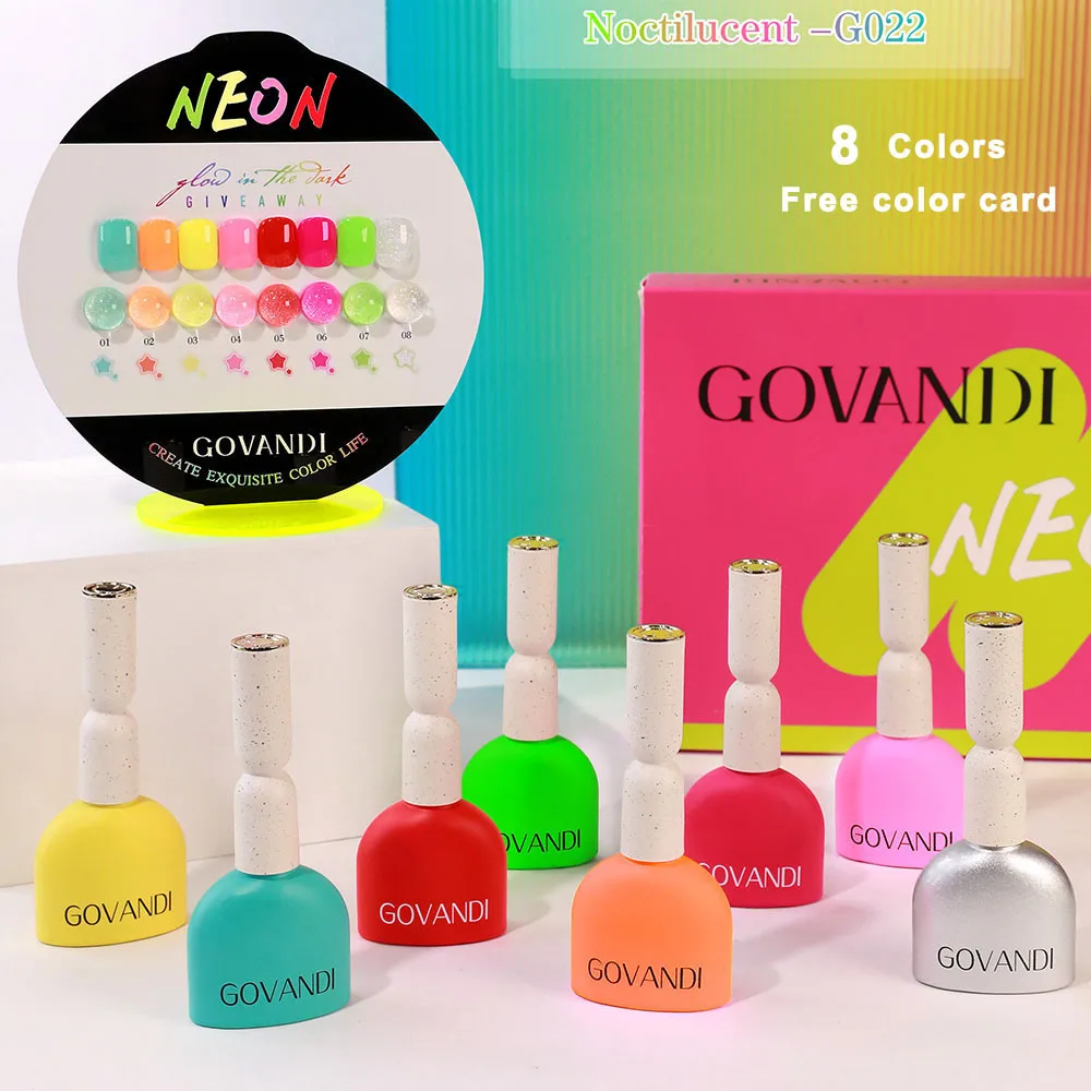 8pcs Luminous Gel Nail Polish Set With Color Card Glow In Dark Fluorescent UV LED Color Gel Semi-permanent Soak Off Gel Varnish