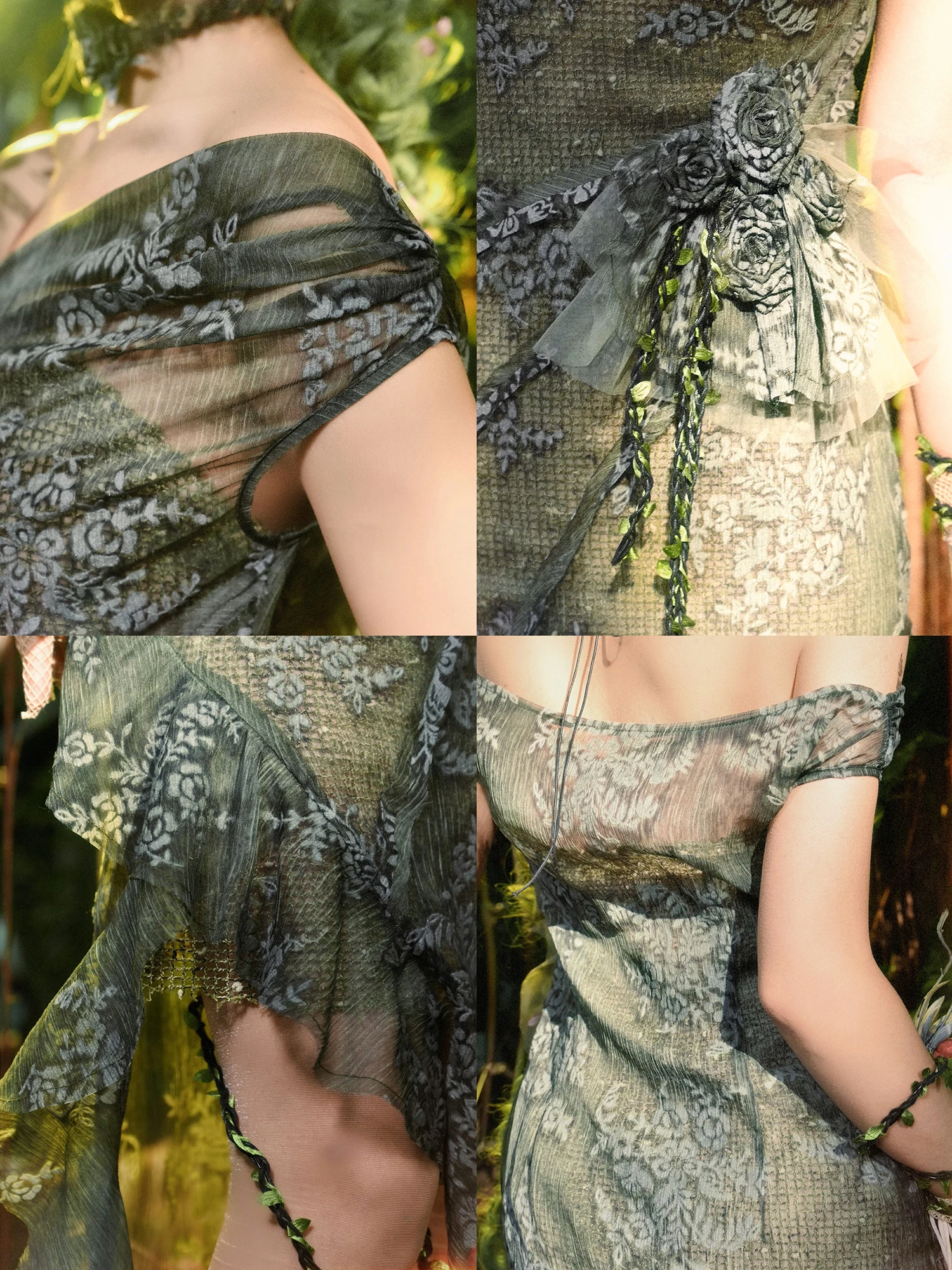 오리지널 레트로 메쉬 슬래시 넥 민소매 원피스, 비대칭 미드 롱 그린 레이스 장미 자수, 페어리 원피스 베스티도, 혈액 공급